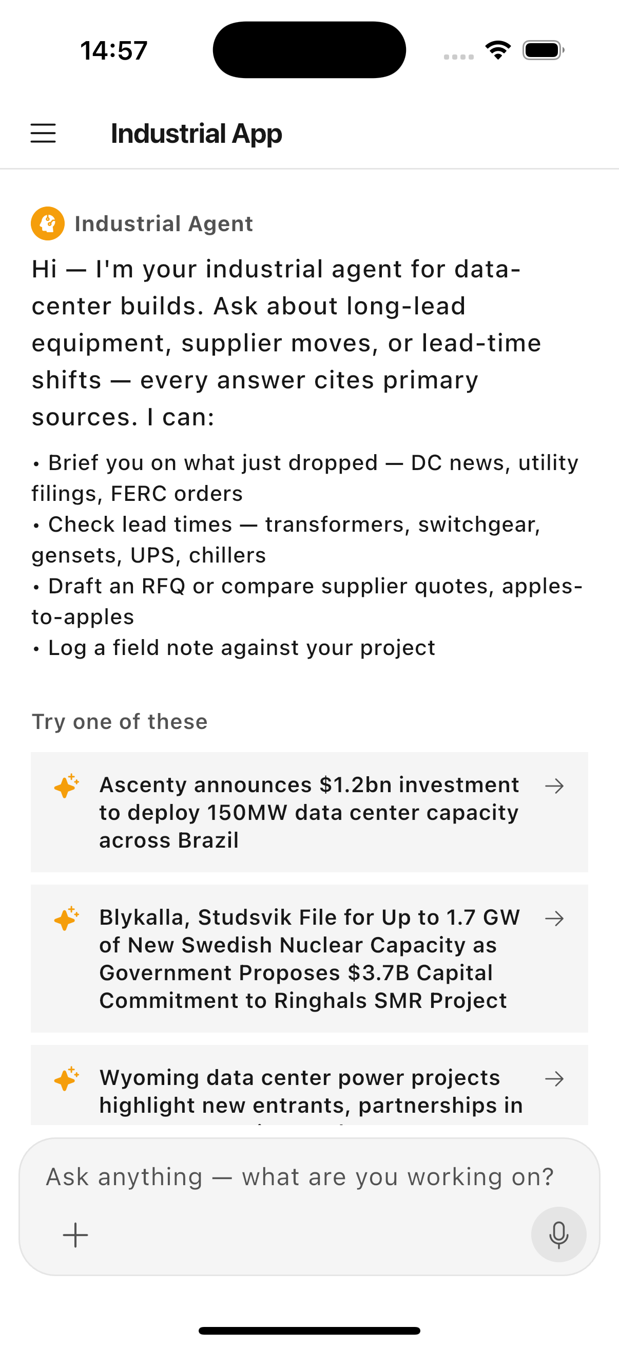 The Industrial Agent mobile app answering data-center procurement questions with cited sources.